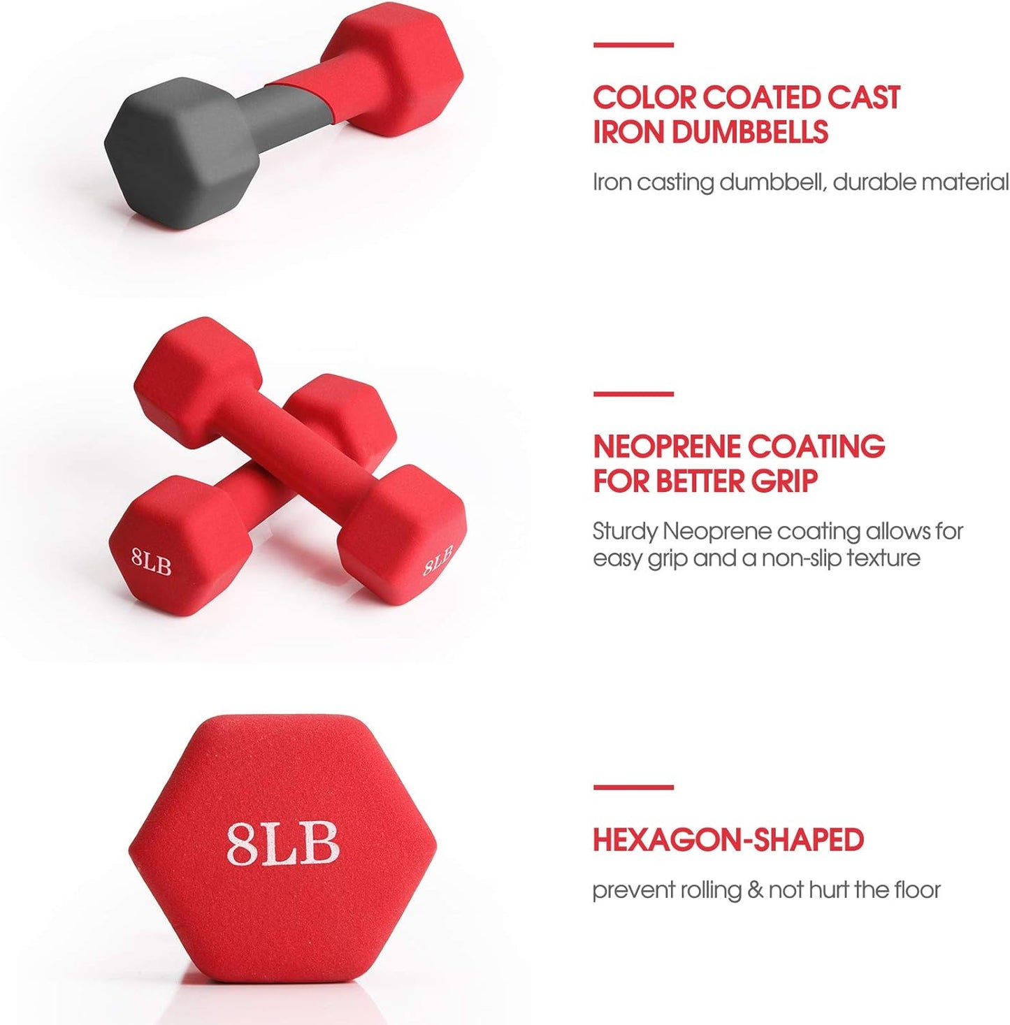 Dumbbell Set, 8Lb Pair Neoprene Coated Iron Dumbbells Hand Weights Set Barbell Exercise Fitness Hex Dumb Bell Free Weight Dumbbell for Women Men Home Gym Workout Strength Bodybuilding Training